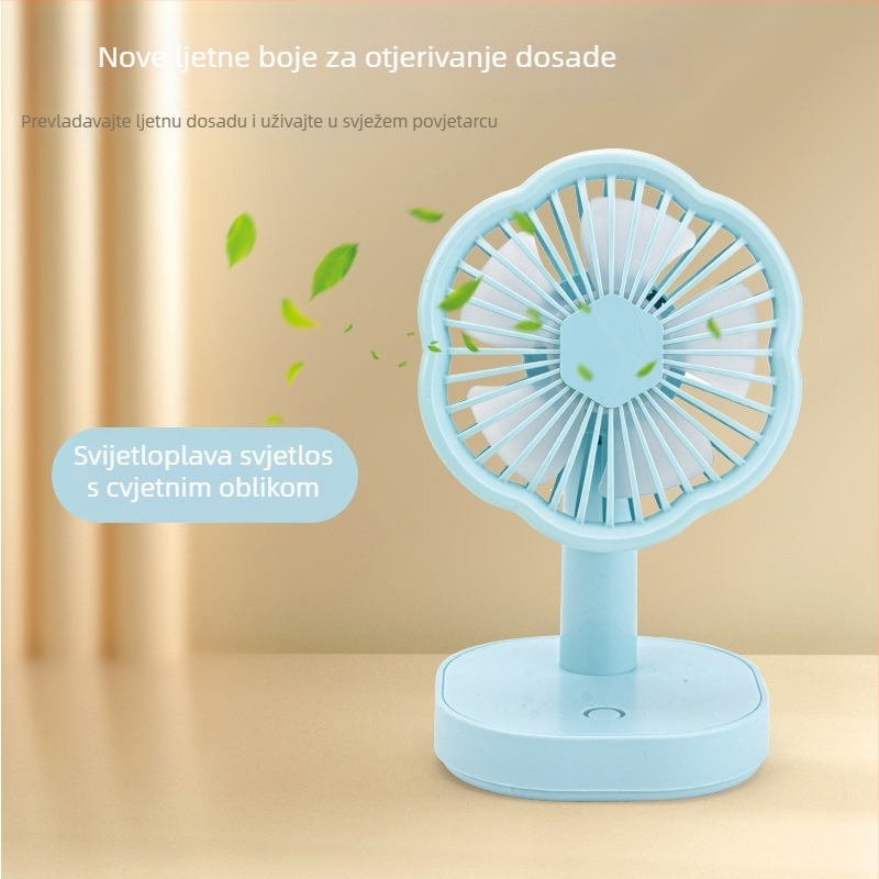 Mini USB stolni ventilator s noćnim svjetlom, 5 lopatica, 3 brzine, podesivi kut, ugrađena baterija
