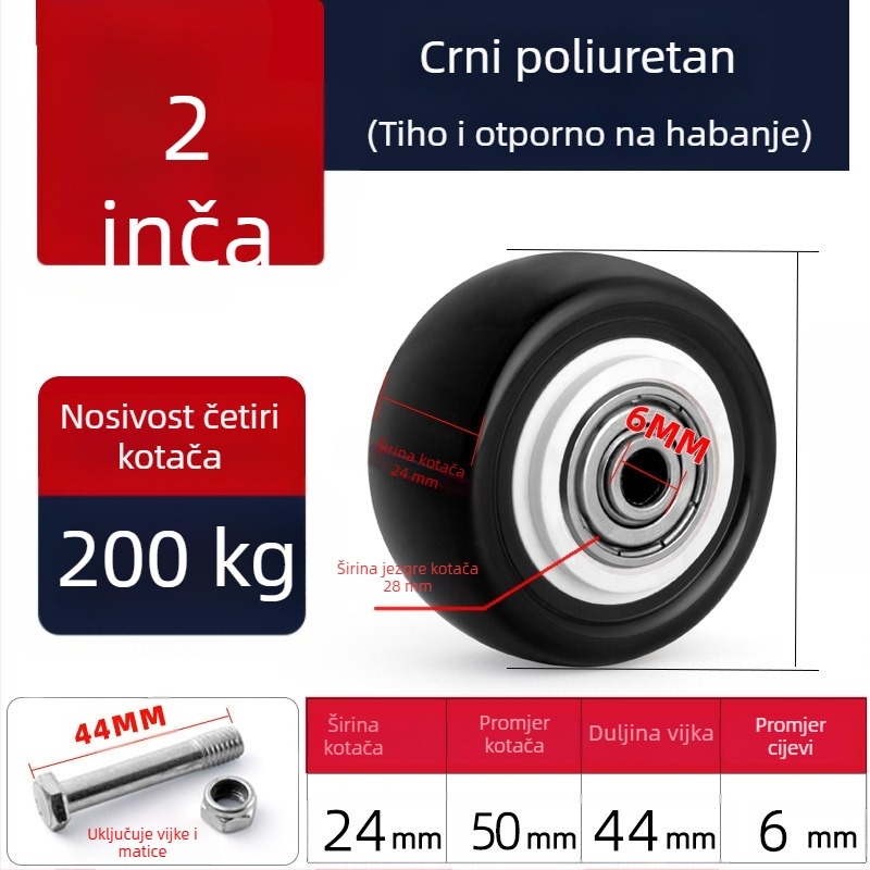 Tiha okretna kotačića od poliuretana, crne, dvostruki ležajevi, promjeri 1,5–5 inča