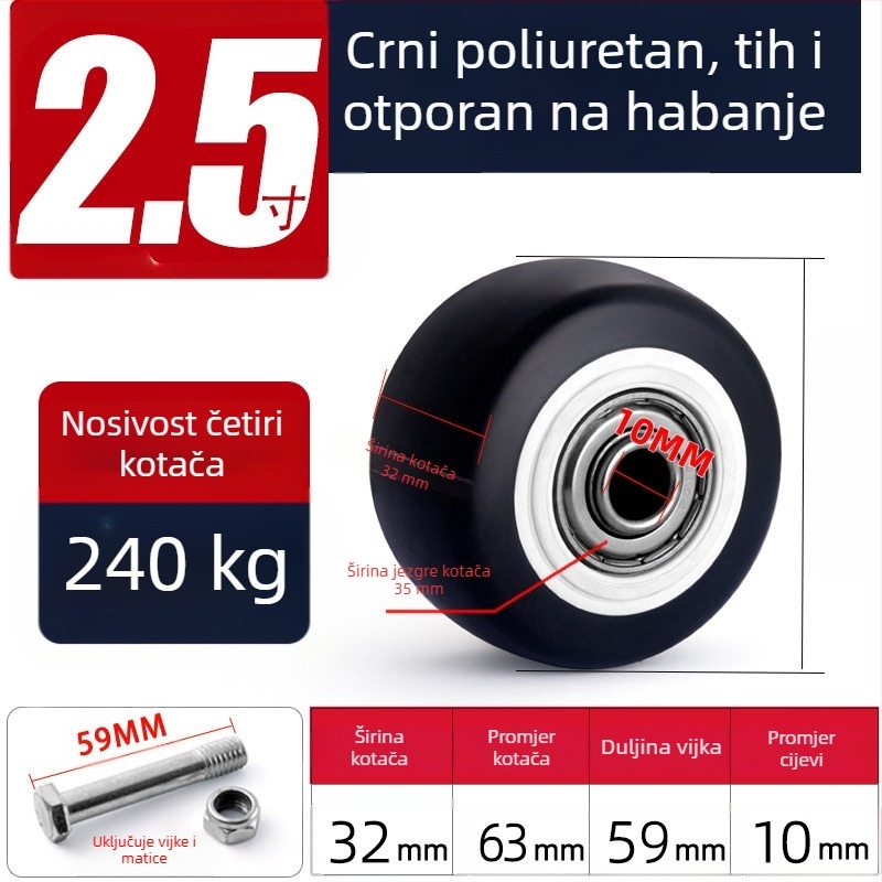 Tiha okretna kotačića od poliuretana, crne, dvostruki ležajevi, promjeri 1,5–5 inča