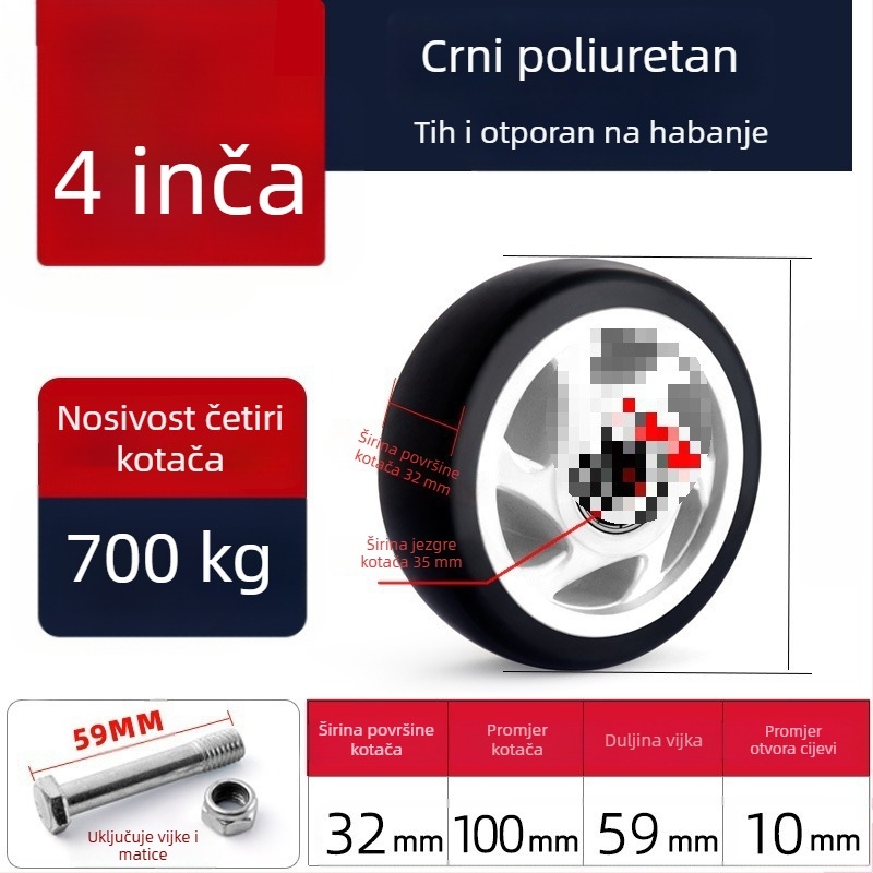 Tiha okretna kotačića od poliuretana, crne, dvostruki ležajevi, promjeri 1,5–5 inča