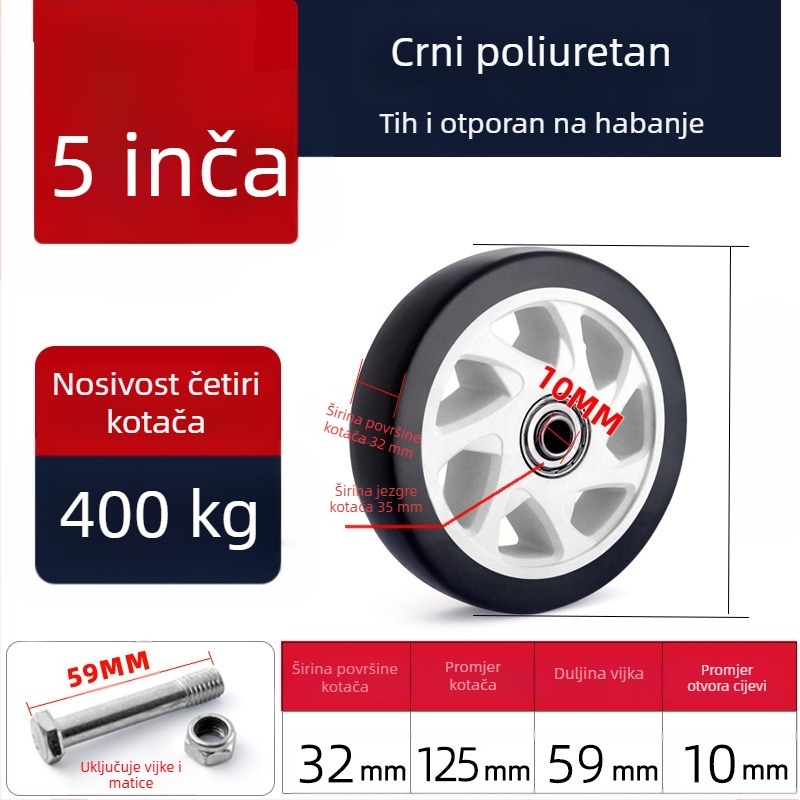 Tiha okretna kotačića od poliuretana, crne, dvostruki ležajevi, promjeri 1,5–5 inča