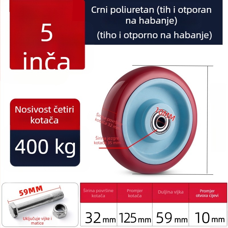 Tiha okretna kotačića od poliuretana, crne, dvostruki ležajevi, promjeri 1,5–5 inča