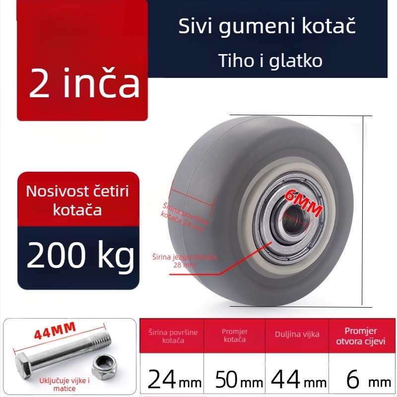 Tiha okretna kotačića od poliuretana, crne, dvostruki ležajevi, promjeri 1,5–5 inča