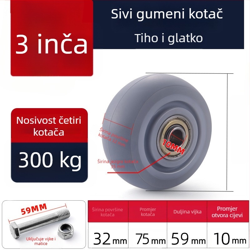 Tiha okretna kotačića od poliuretana, crne, dvostruki ležajevi, promjeri 1,5–5 inča