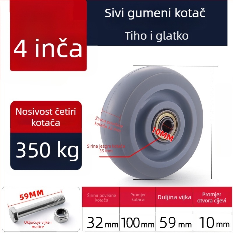 Tiha okretna kotačića od poliuretana, crne, dvostruki ležajevi, promjeri 1,5–5 inča