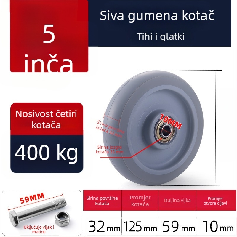 Tiha okretna kotačića od poliuretana, crne, dvostruki ležajevi, promjeri 1,5–5 inča