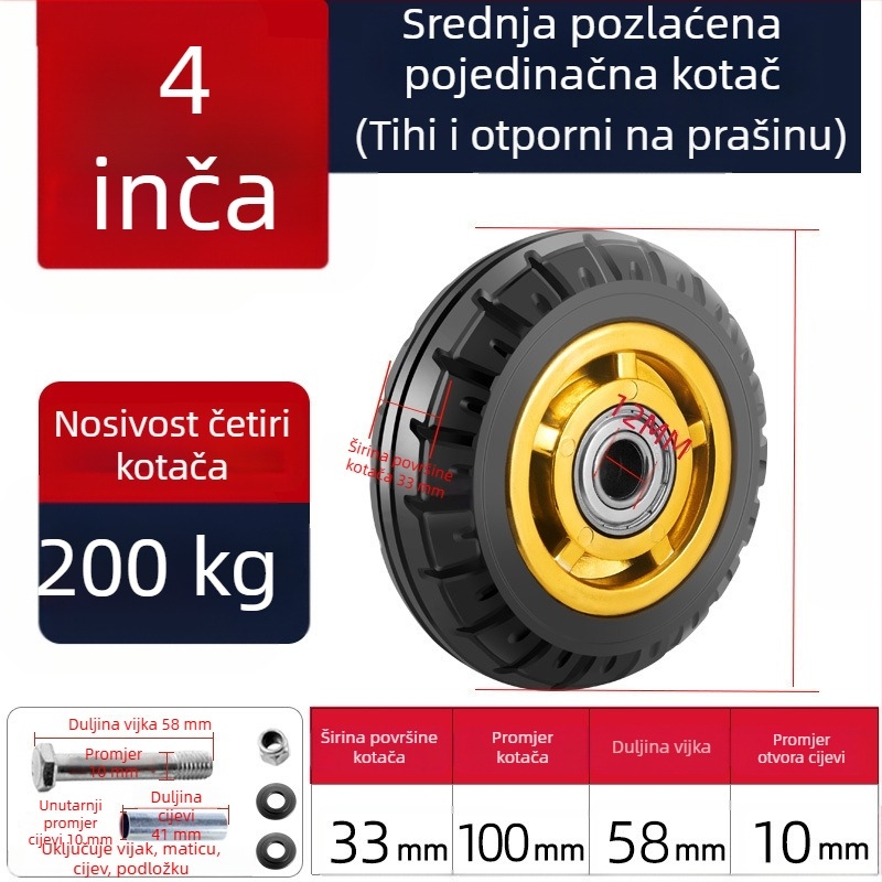Tiha okretna kotačića od poliuretana, crne, dvostruki ležajevi, promjeri 1,5–5 inča