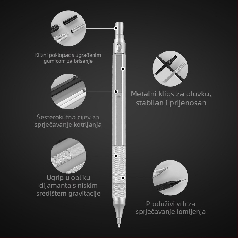 Metalni automatski olovak za crtanje i slikanje, 0.3/0.5/0.7 mm, niska središnja težina, profesionalni automatski olovak s kontinuiranim grafitom