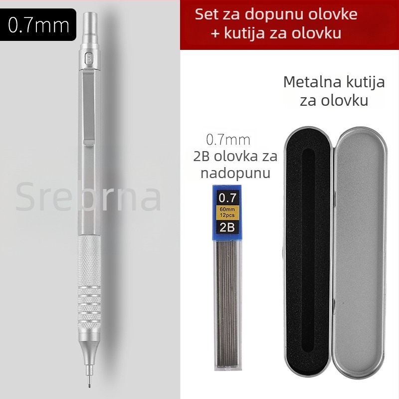 Metalni automatski olovak za crtanje i slikanje, 0.3/0.5/0.7 mm, niska središnja težina, profesionalni automatski olovak s kontinuiranim grafitom