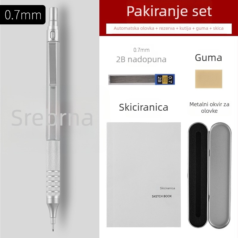 Metalni automatski olovak za crtanje i slikanje, 0.3/0.5/0.7 mm, niska središnja težina, profesionalni automatski olovak s kontinuiranim grafitom