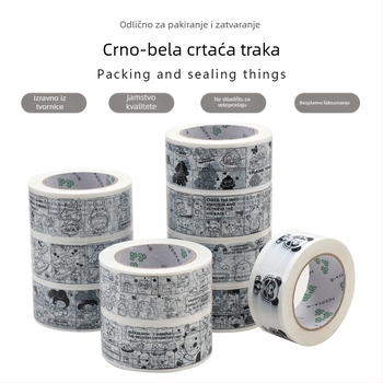 Pakirna traka s motivom panda crteža, BOPP film, ljepilo na bazi vode, debljina 28 µm, snažna adhezija za zatvaranje i pakiranje