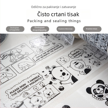 Pakirna traka s motivom panda crteža, BOPP film, ljepilo na bazi vode, debljina 28 µm, snažna adhezija za zatvaranje i pakiranje