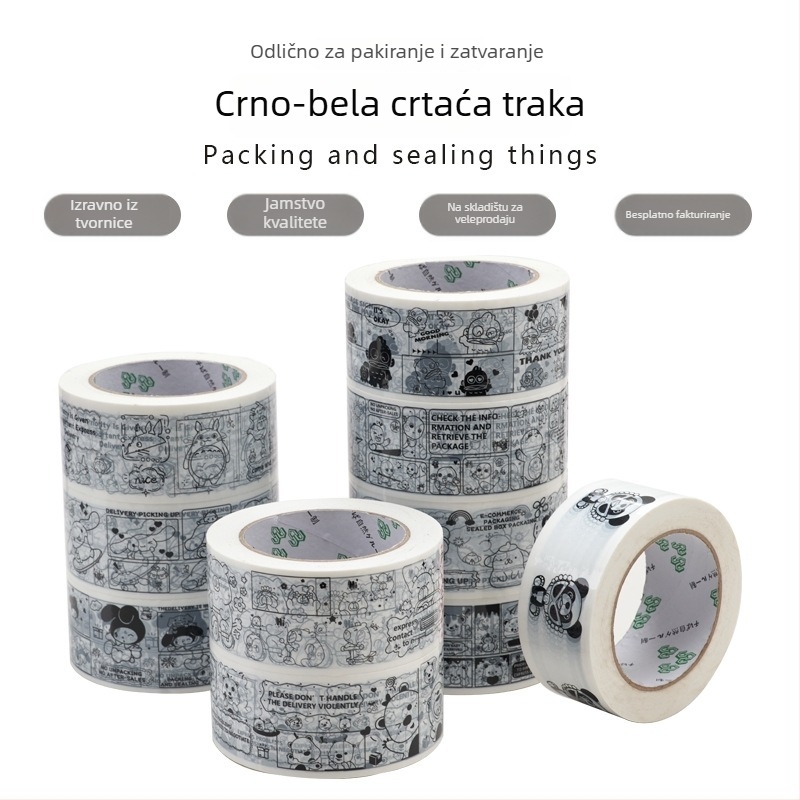 Pakirna traka s motivom panda crteža, BOPP film, ljepilo na bazi vode, debljina 28 µm, snažna adhezija za zatvaranje i pakiranje