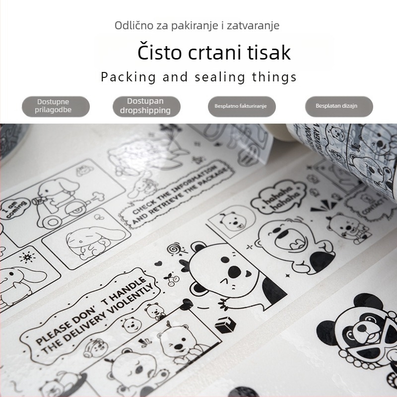 Pakirna traka s motivom panda crteža, BOPP film, ljepilo na bazi vode, debljina 28 µm, snažna adhezija za zatvaranje i pakiranje
