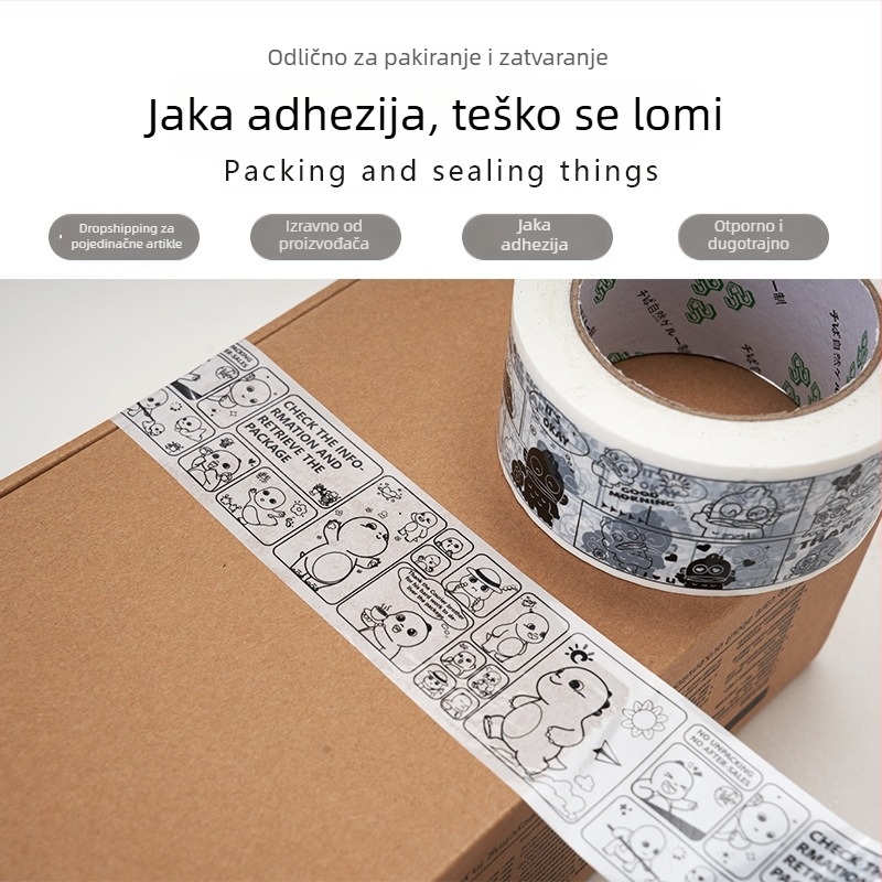 Pakirna traka s motivom panda crteža, BOPP film, ljepilo na bazi vode, debljina 28 µm, snažna adhezija za zatvaranje i pakiranje