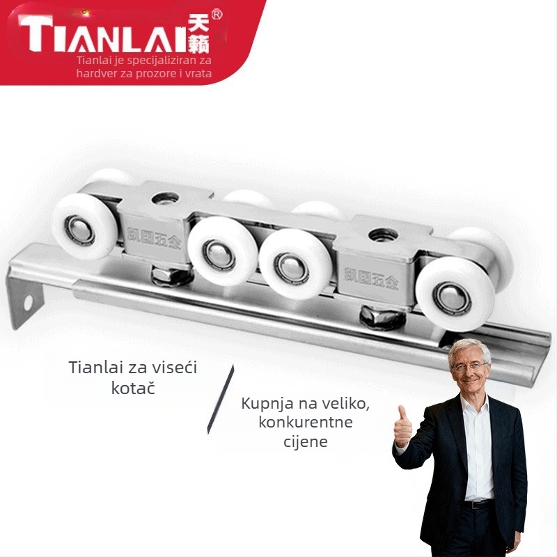 Set kotačića od nehrđajućeg čelika za klizna vrata, 4 kotačića, model 101, osovina 12 mm, radijus utičnice za užad 12 mm, nosivost 80 kg