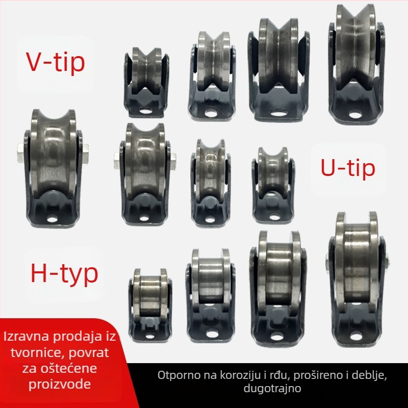 Kutni kotač za klizna vrata — metalni, teški, s V-, H- i U-oblikovanim kotačima i vodičkim žljebom