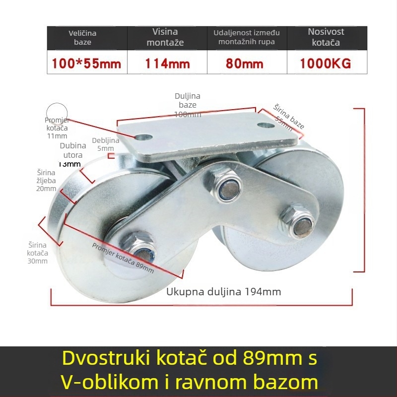 Kutni kotač za klizna vrata — metalni, teški, s V-, H- i U-oblikovanim kotačima i vodičkim žljebom