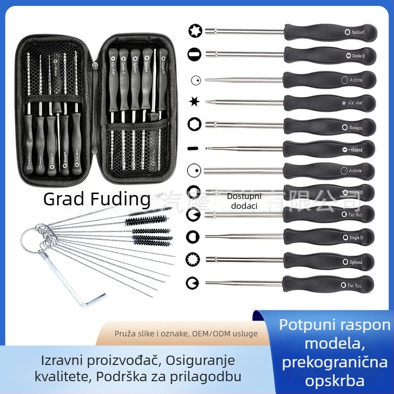 Set odvijača za karburator, 12 dijelova, uključuje četkicu za čišćenje i kutiju za pohranu; kompatibilno s karburatorima Zama, Walbro, Stihl, Husqvarna, Craftsman i Poulan; s različitim bitovima: unutarnji i vanjski šesterokut, D-oblik, zvjezdasti.