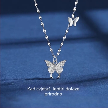 Ogrlica s leptirovim privjeskom od srebra 925, s cirkonijem, križnim lancem, duljina 41-50 cm, stil svjež i sladak.