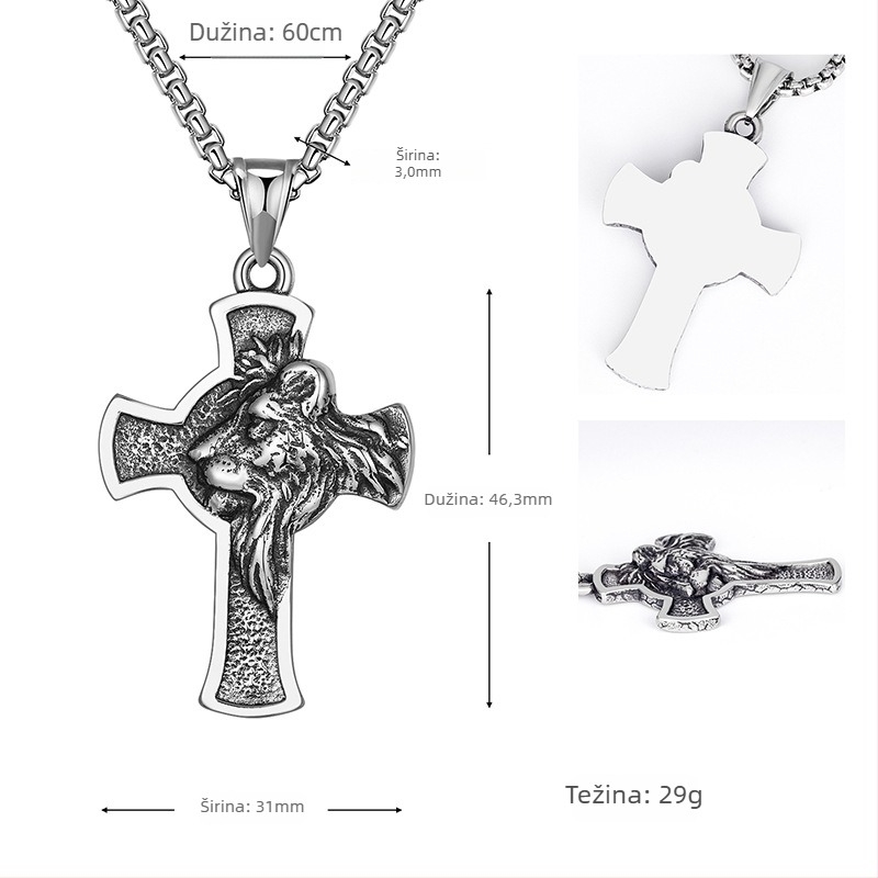 Privjesak i lanac od titan čelične legure sa križem i glavom lava - unisex, HX735, jesen 2022, retro stil