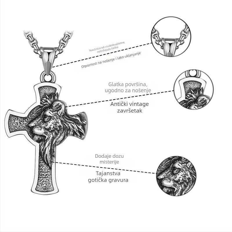 Privjesak i lanac od titan čelične legure sa križem i glavom lava - unisex, HX735, jesen 2022, retro stil