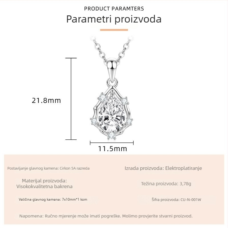 Geometrijska zirkon ogrlica s bakrenom podlogom, elektroplatinirani O-lanac, privjesak od srebra 925, težina 3,78 g