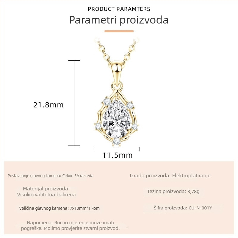 Geometrijska zirkon ogrlica s bakrenom podlogom, elektroplatinirani O-lanac, privjesak od srebra 925, težina 3,78 g