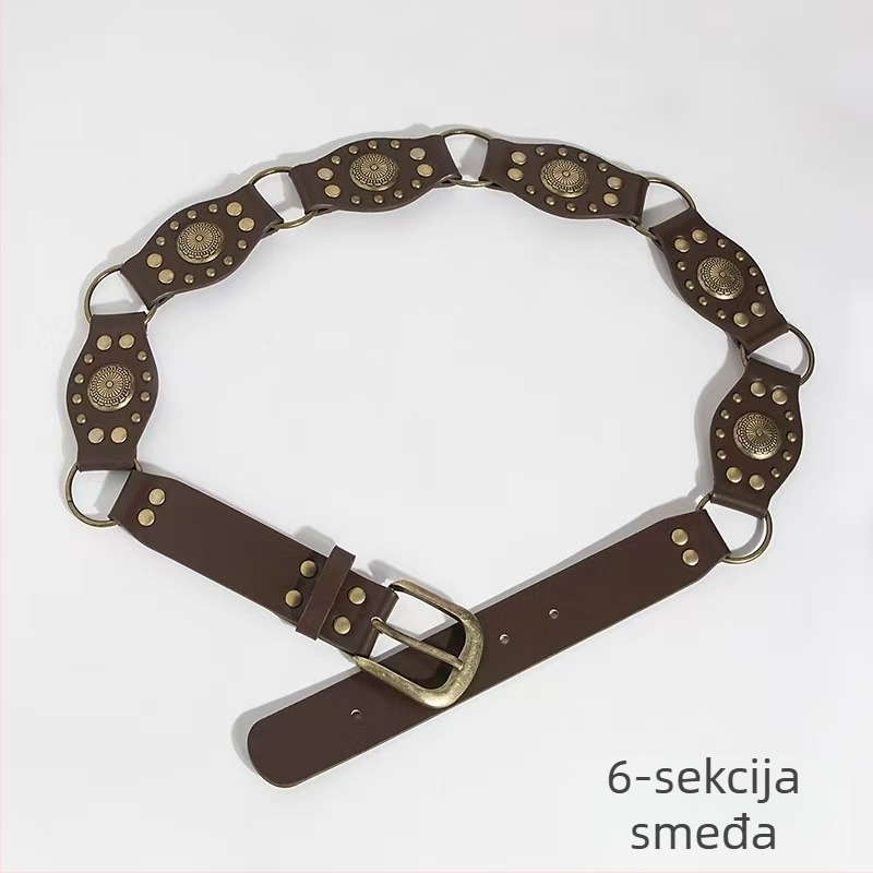 Boemski vintage pojas sa lancem, PU traka, legura kopča, kopča s iglom, književni retro stil