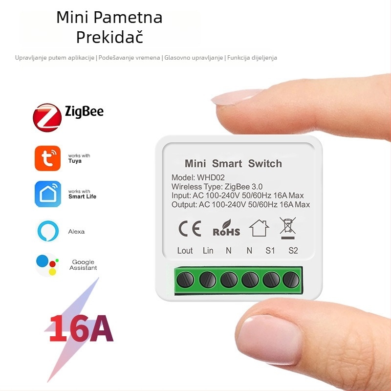 Pametan prekidač s tajmerom, Wi‑Fi i Zigbee, 1/2 kanal, daljinsko upravljanje pametnim telefonom, 110–240 V, 16 A, 50.000 ciklusa, razmak rupa 20 mm