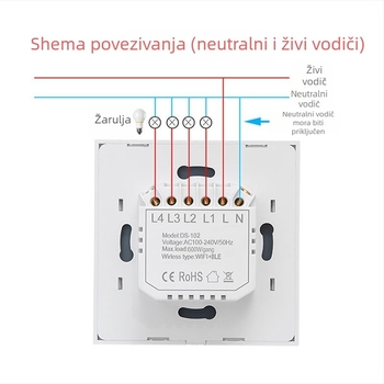 Inteligentni prekidač s gumbom i WiFi, glasovno upravljanje Alexa i daljinsko upravljanje putem aplikacije (AC110-240V, montažni otvor 86×86 mm, ploča od čistog bakra, 3C ocjena do 400V)