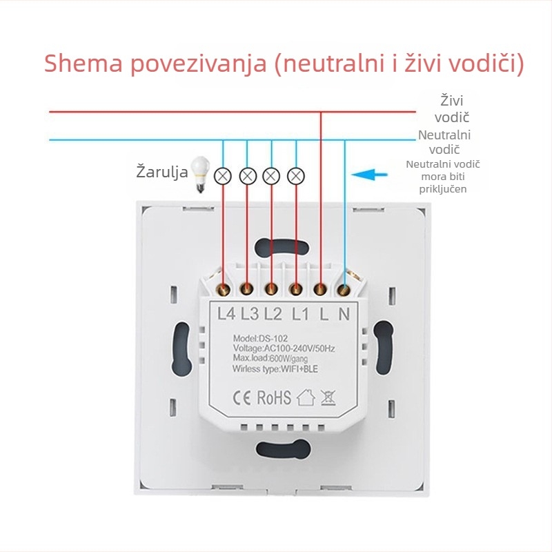 Inteligentni prekidač s gumbom i WiFi, glasovno upravljanje Alexa i daljinsko upravljanje putem aplikacije (AC110-240V, montažni otvor 86×86 mm, ploča od čistog bakra, 3C ocjena do 400V)