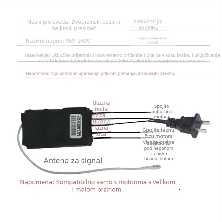 Bežični prekidač s dvije brzine za kanalni ventilator – visoka i niska brzina, 220V