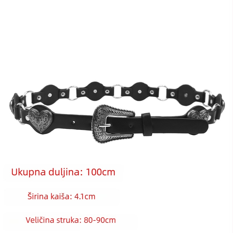 Ženski kaiš od PU kože sa srcem ukrasom, kopča od legure, kopčanje na pin, tehnologija spajanja, svestran retro punk stil