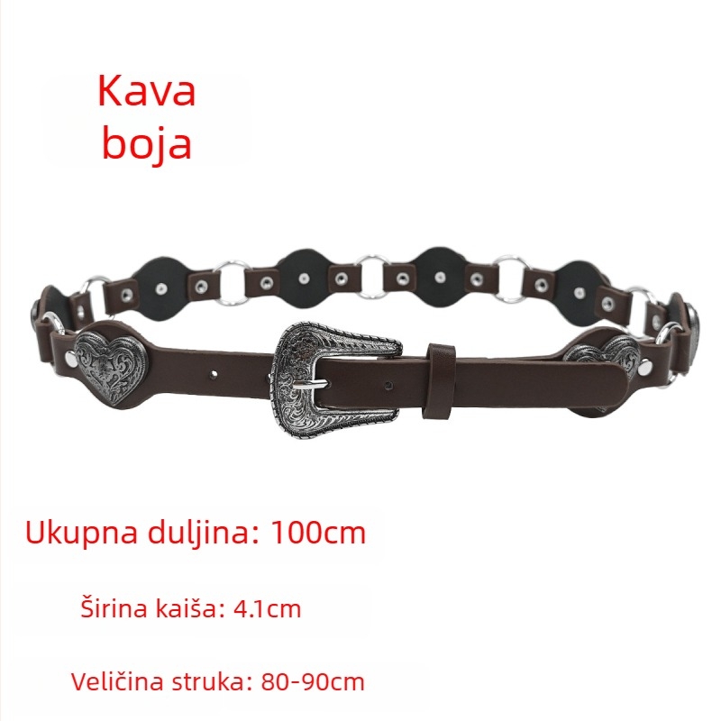 Ženski kaiš od PU kože sa srcem ukrasom, kopča od legure, kopčanje na pin, tehnologija spajanja, svestran retro punk stil