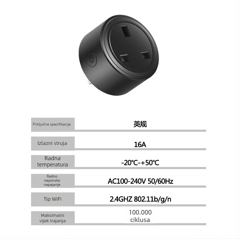UK standard WiFi pametna utičnica, upravljanje putem aplikacije, 16A, 110-240V raspon, 3500W, težina 84 g