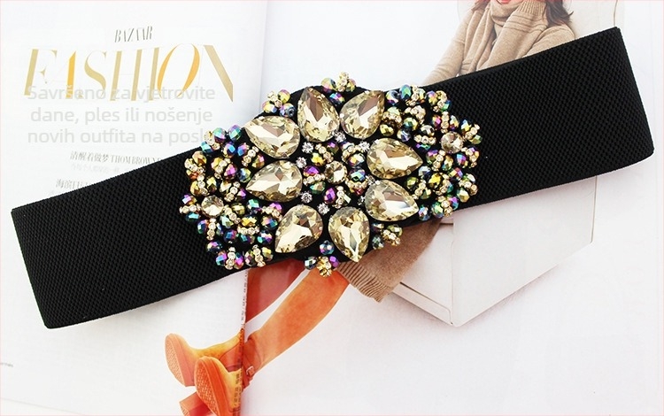 Pojas za struk s kristalima i elastikom – elegantan dekorativni dodatak za odrasle žene; materijal: drugi; pogodan za proljeće, ljeto, jesen i zimu.