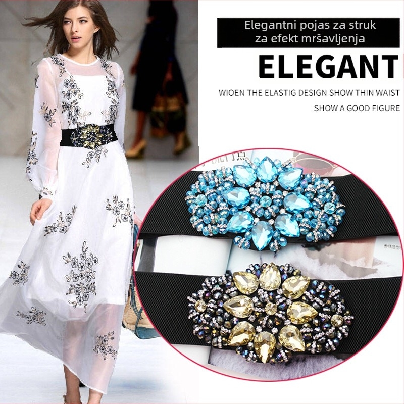 Pojas za struk s kristalima i elastikom – elegantan dekorativni dodatak za odrasle žene; materijal: drugi; pogodan za proljeće, ljeto, jesen i zimu.
