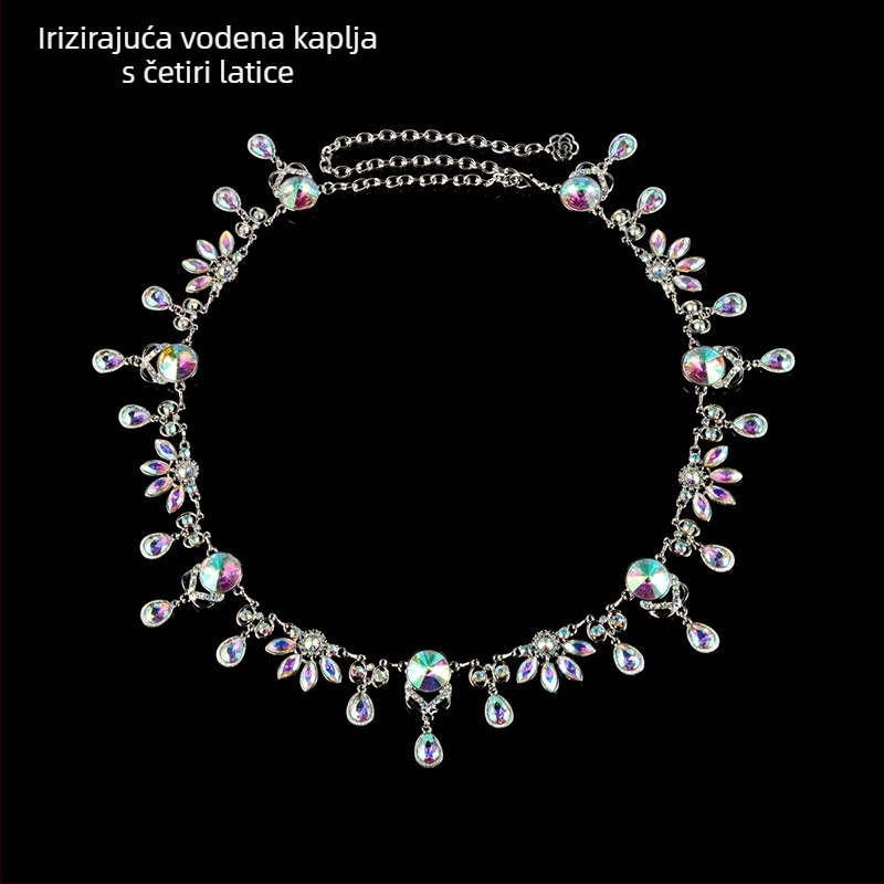 Pojas za belly dance, metalna osnova, ukrašena kristalima i perlama, sjajna površina, svestran stil, s jednim omotom oko struka