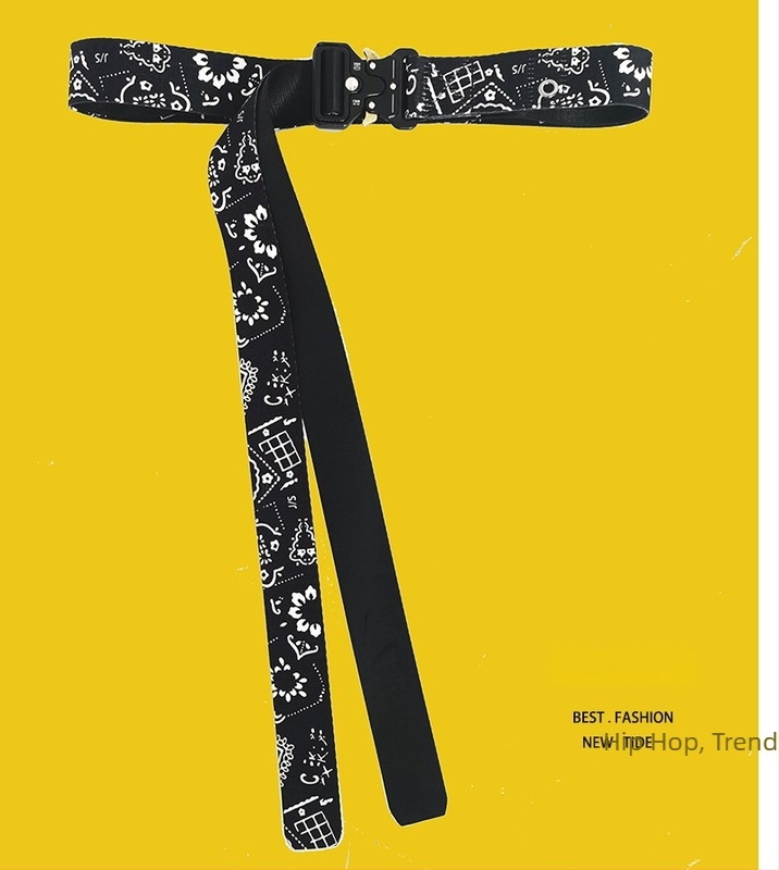 Hip-Hop kaiš s motivom kešu cvijeta i lančića za hlače, dvostruki sloj, platno, kopča od legure, gradski stil