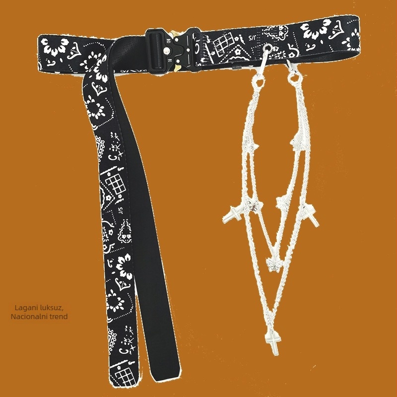 Hip-Hop kaiš s motivom kešu cvijeta i lančića za hlače, dvostruki sloj, platno, kopča od legure, gradski stil