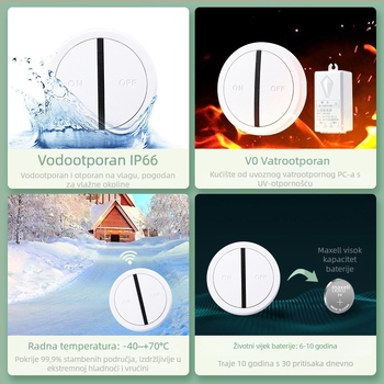 Magnetski bežični prekidač s daljinskim upravljanjem, IP66 vodootporan, instalacija bez žica, radni raspon -40°C do 70°C, vatrootporan V0