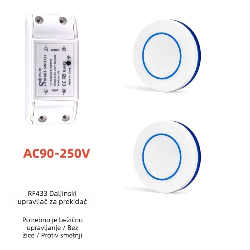 Bežični daljinski prekidač za rasvjetu, 433 MHz RF, 220V, samoljepljiv (433 MHz RF, 220V, bežični, samoljepljiv)