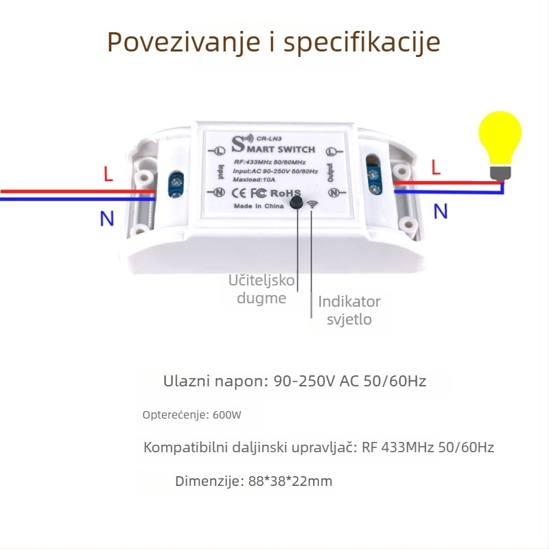Bežični daljinski prekidač za rasvjetu, 433 MHz RF, 220V, samoljepljiv (433 MHz RF, 220V, bežični, samoljepljiv)