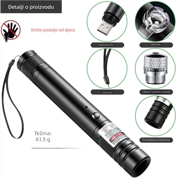 Laser indikator olovka s USB punjenjem, kućište od aluminijske legure, izlaz 50 mW, napajanje 3,7 V, za vanjsku uporabu