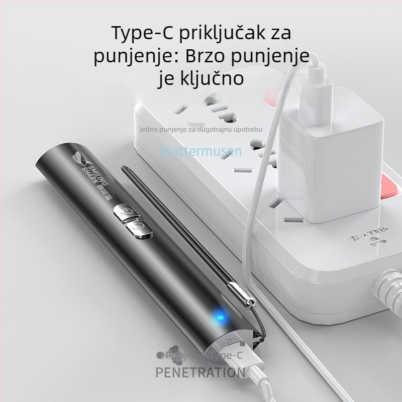 Mačja laserska igračka štapić od aluminijske legure, punjiva, laserski izvor, domet 100–200 m, pogon na ručni pritisak