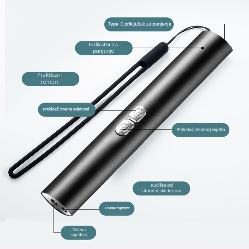 Laser olovka s dvostrukim izvorom svjetla, punjiva, kućište od aluminijske legure, mogućnost tiskanja logotipa, prilagodba