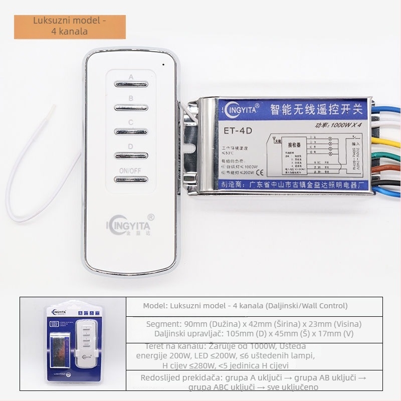 Cetverokanalni daljinski prekidač za lampe, bežično upravljanje (-20 °C do 45 °C; Marka: Jinyida; Kompatibilan sa svim tipovima lampi)