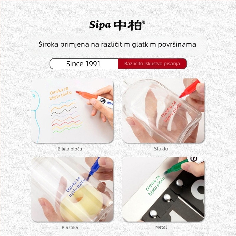 SW599 Marker za bijelu ploču s gumicom, 8-bojni set, plastično kućište, širina linije 1.5-2.0 mm, Sipa/Zhongbai