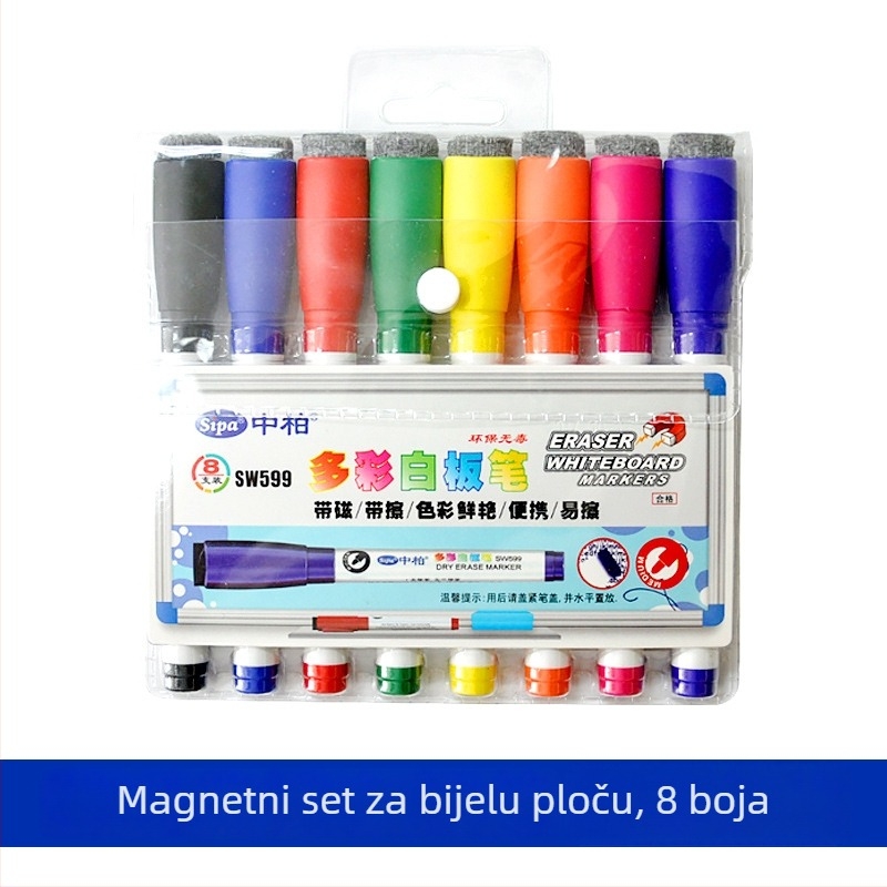SW599 Marker za bijelu ploču s gumicom, 8-bojni set, plastično kućište, širina linije 1.5-2.0 mm, Sipa/Zhongbai